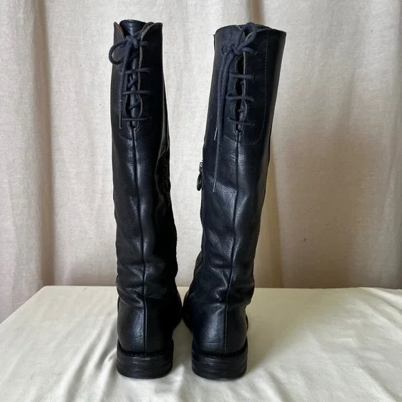 Fiorentini + Baker Emma Tall Leather Boots Black Italy Size 38 Lace Back